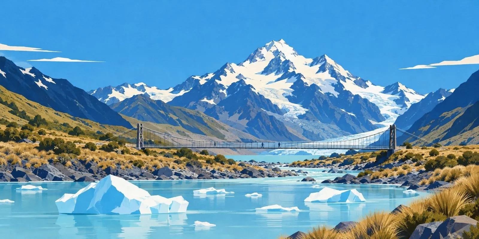 Illustration of snow-capped Aoraki/Mount Cook rising above the Hooker Valley, with a suspension footbridge over the river and icebergs floating in a glacial lake in the foreground.