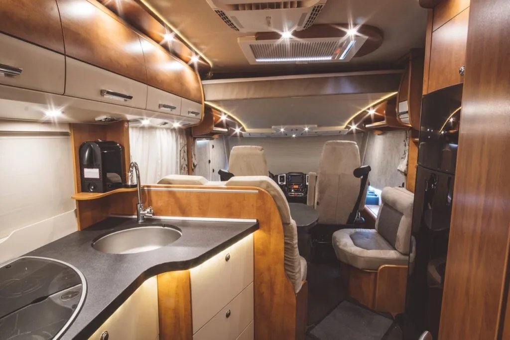 Kitchen in a Class C motorhome