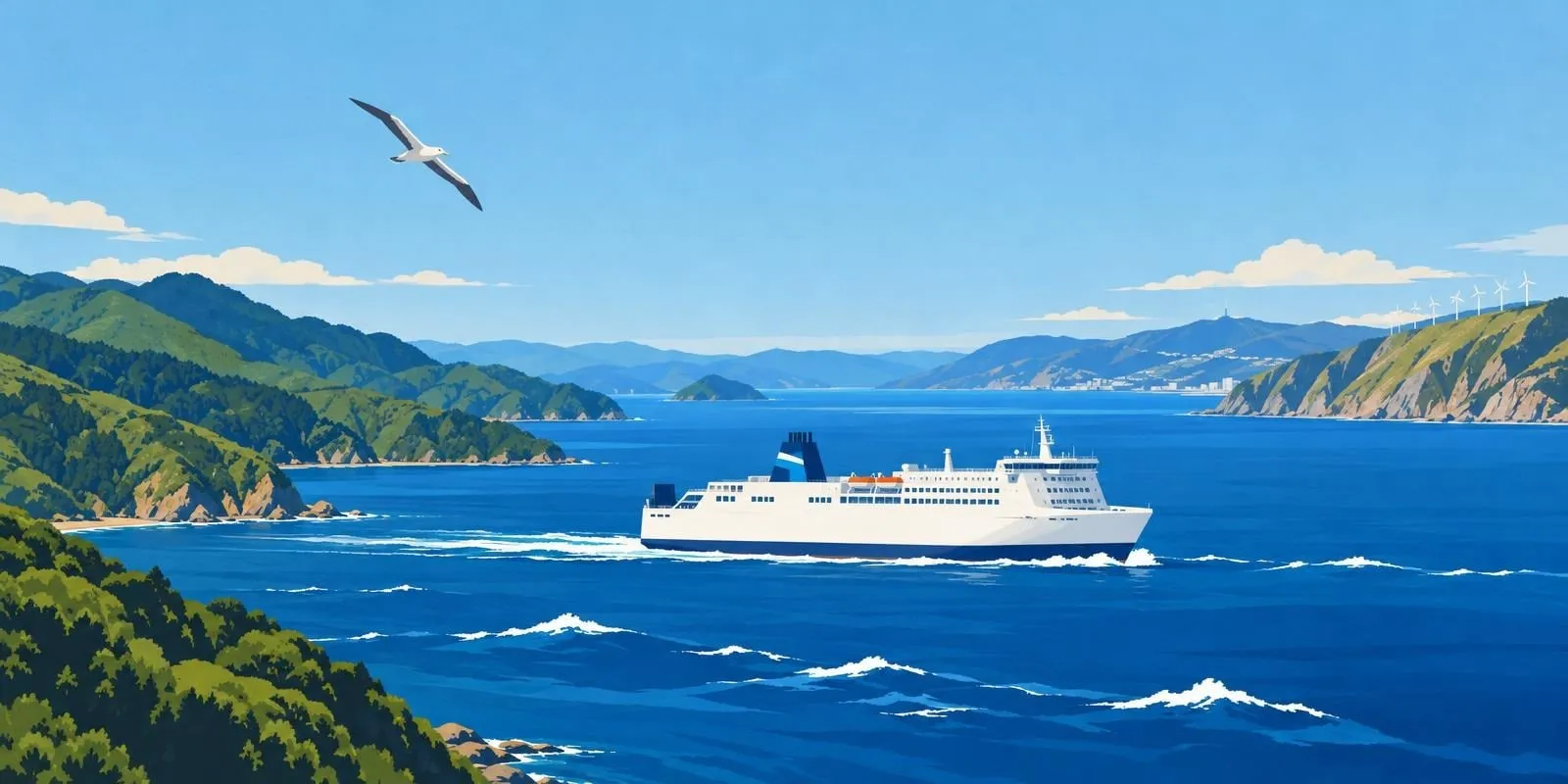 Illustration of a white passenger ferry crossing Cook Strait, with the green hills of the Marlborough Sounds on one side, the Wellington coast and wind turbines in the distance, and an albatross overhead.