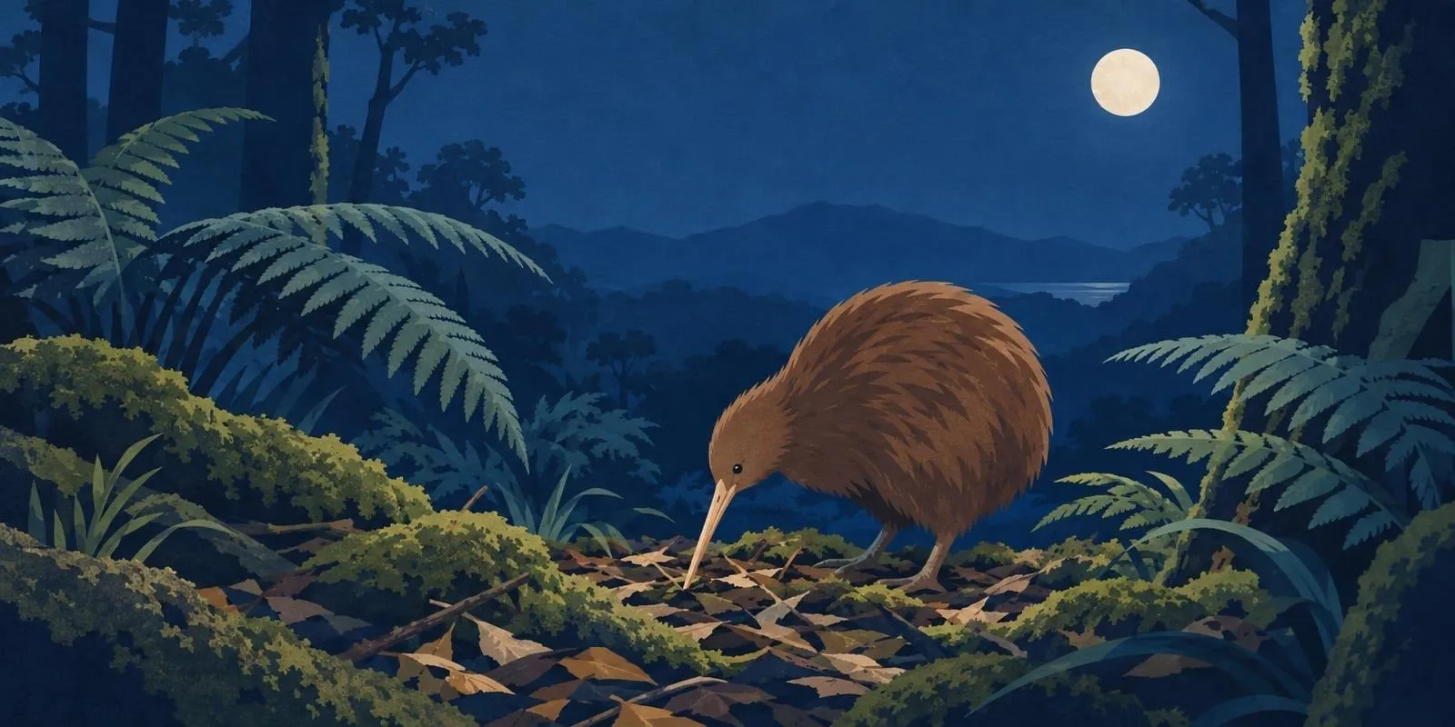Illustration of a brown kiwi probing the leaf litter with its long beak on a moonlit New Zealand forest floor, among tree ferns and moss.