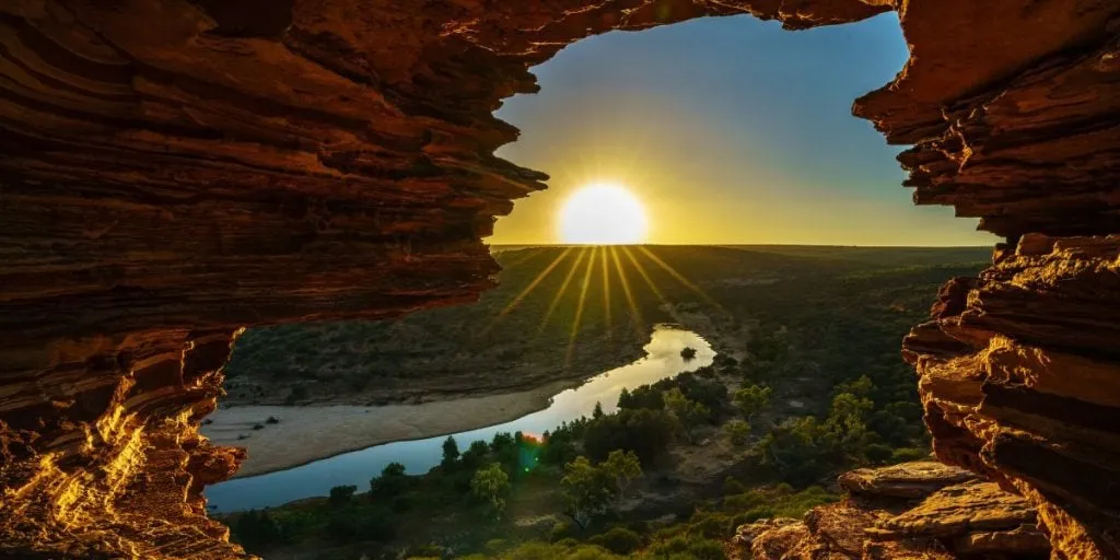 Lever de soleil sur Nature’s Window, dans le désert du parc national de Kalbarri, en Australie-Occidentale