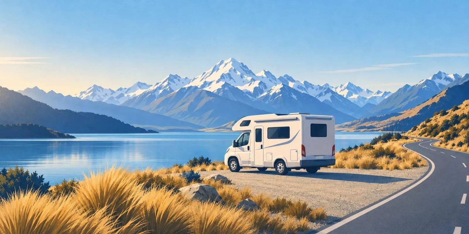 Illustration of a white motorhome parked at a lakeside pull-off beside a winding road, with golden tussock in front and snow-capped Southern Alps behind
