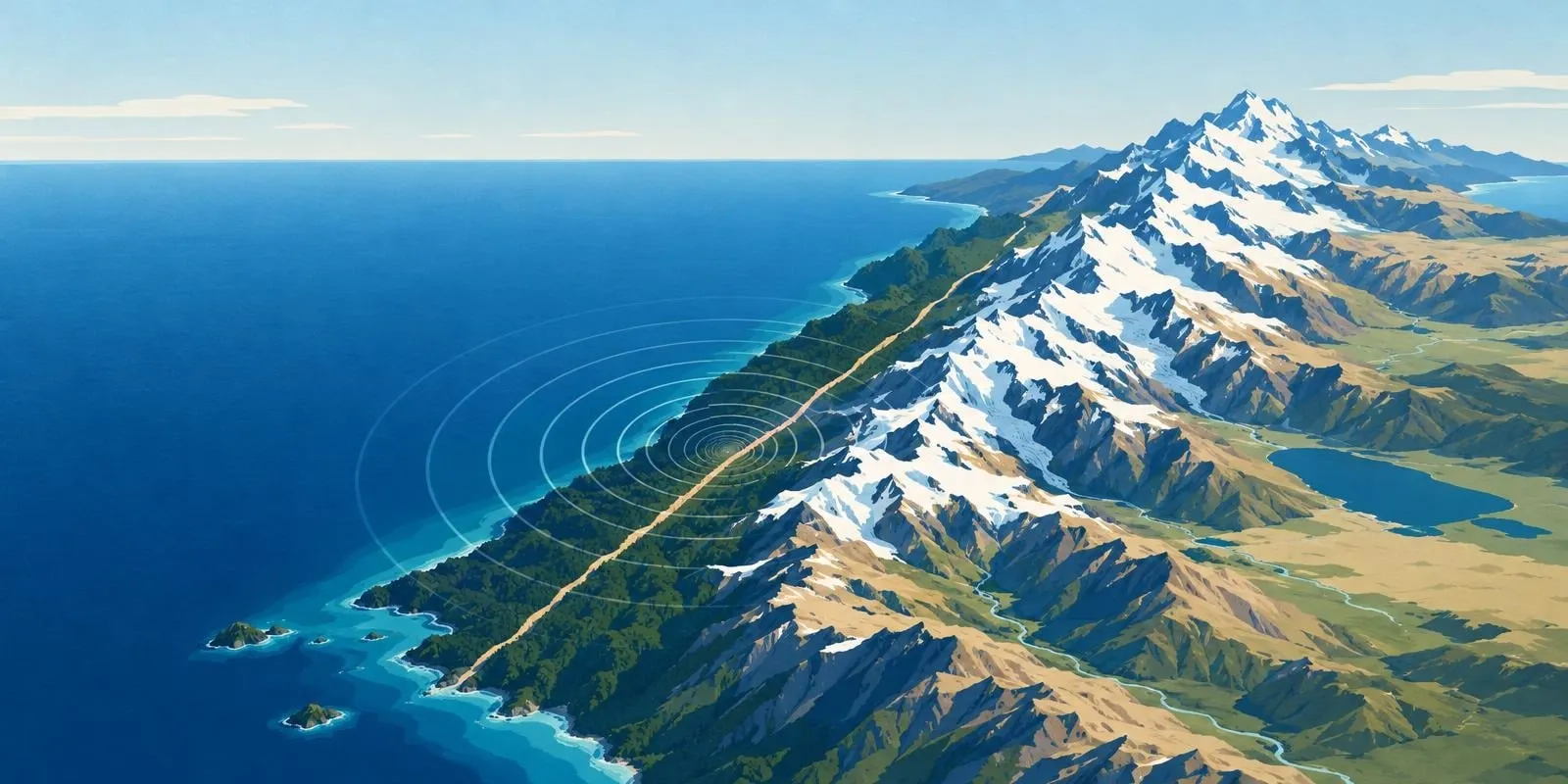 Illustration of New Zealand's South Island from the air, with the snow-capped Southern Alps, the straight line of the Alpine Fault along the forested West Coast, and rings rippling out from the fault
