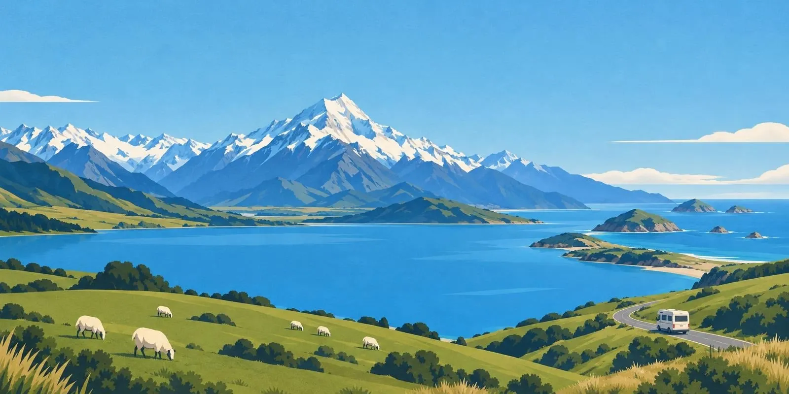 Illustration of a New Zealand landscape: snow-capped Southern Alps behind a large blue lake, sheep grazing on green hills, small islands off the coast and a campervan on a winding road.
