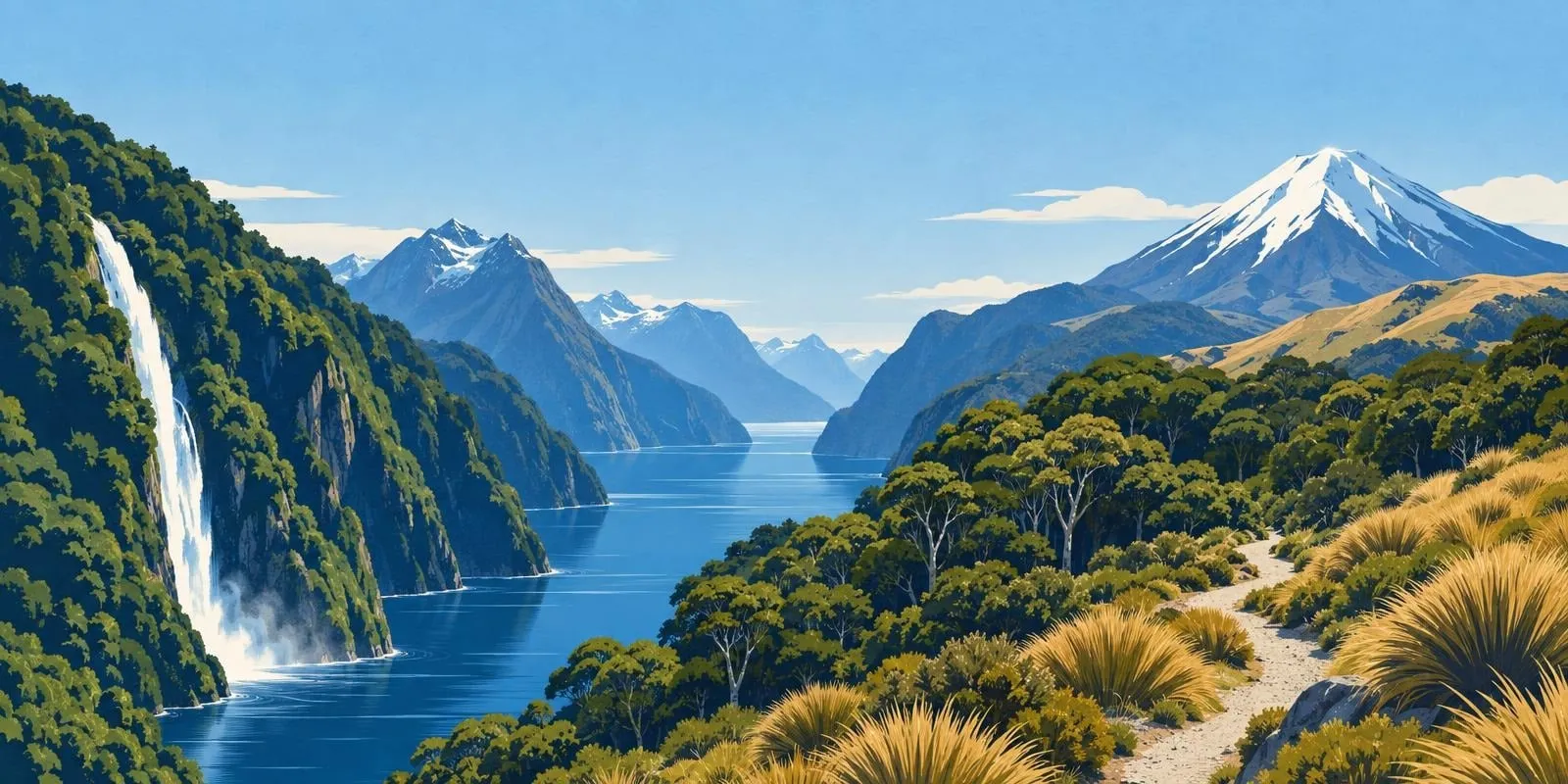 Illustration of a New Zealand national park landscape: a waterfall pours into a fiord between forested cliffs, with a snow-capped volcano, alpine tussock and a walking track through native forest.
