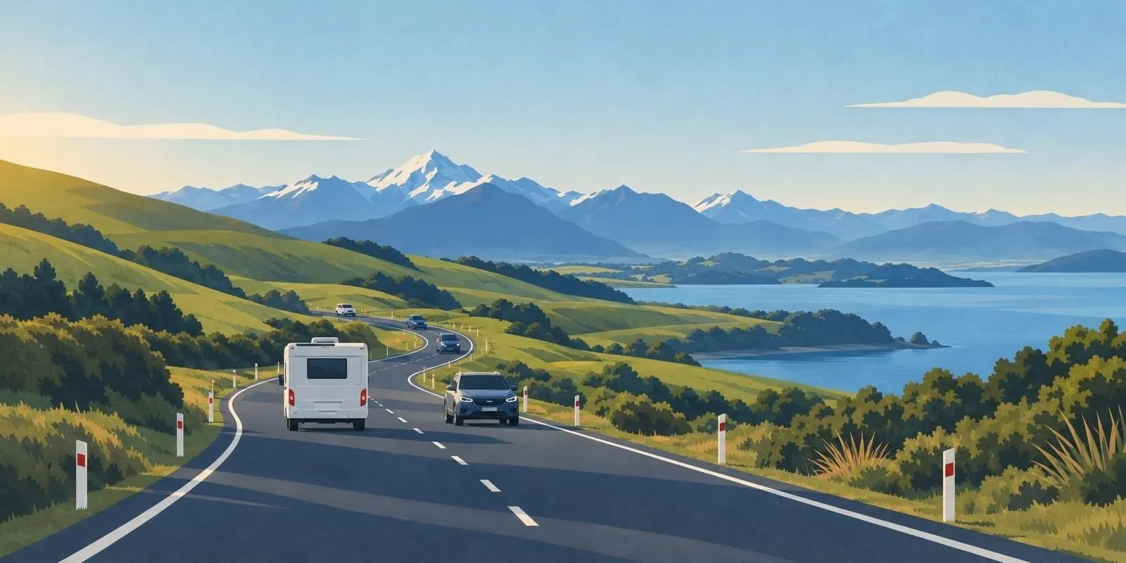 Illustration of a winding two-lane New Zealand highway through green hills beside a lake, with a campervan and cars driving on the left and snow-capped mountains behind.