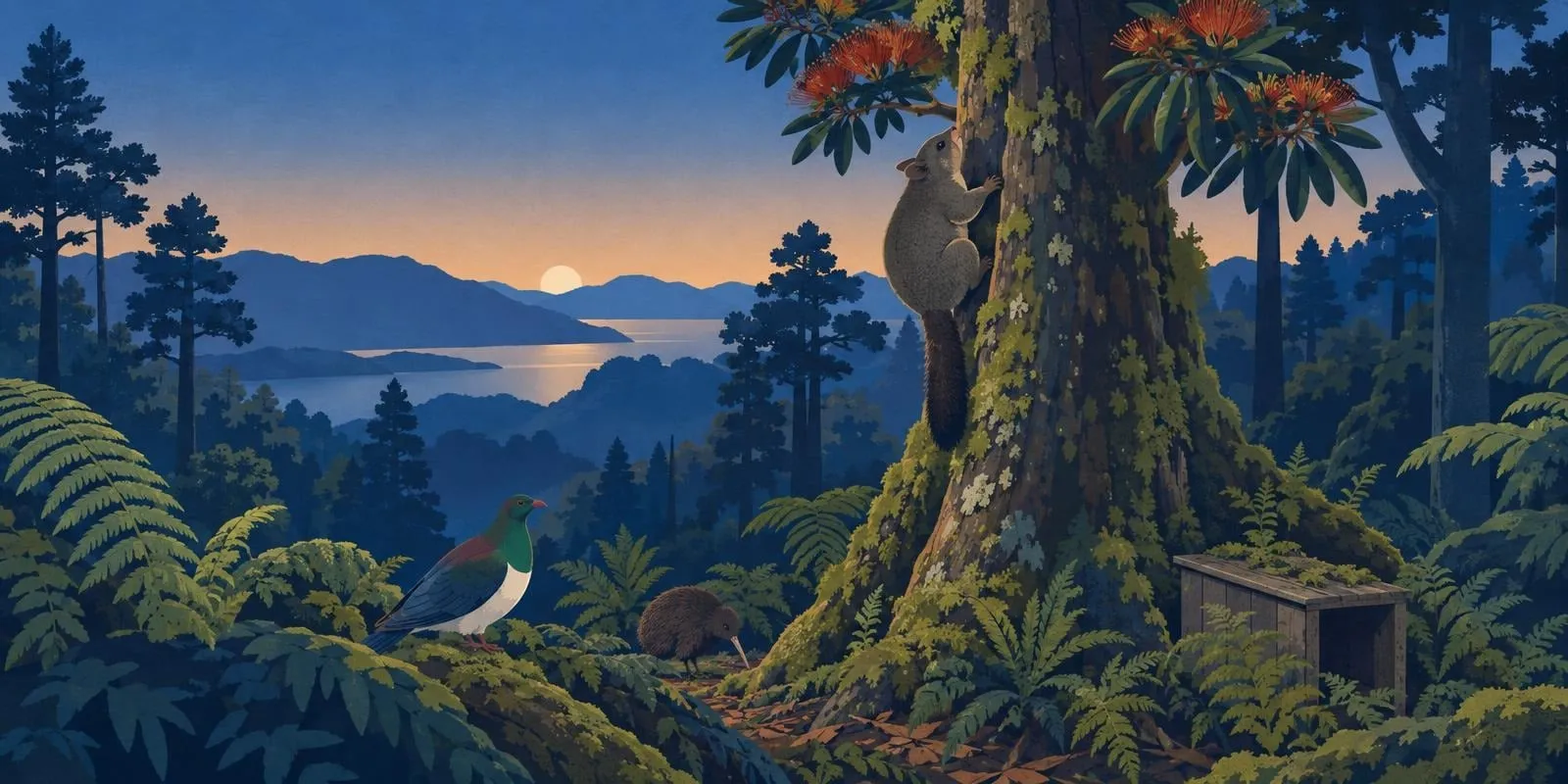 Illustration of a brushtail possum climbing a flowering rātā tree in New Zealand forest at dusk, with a kererū, a kiwi and a wooden predator trap below