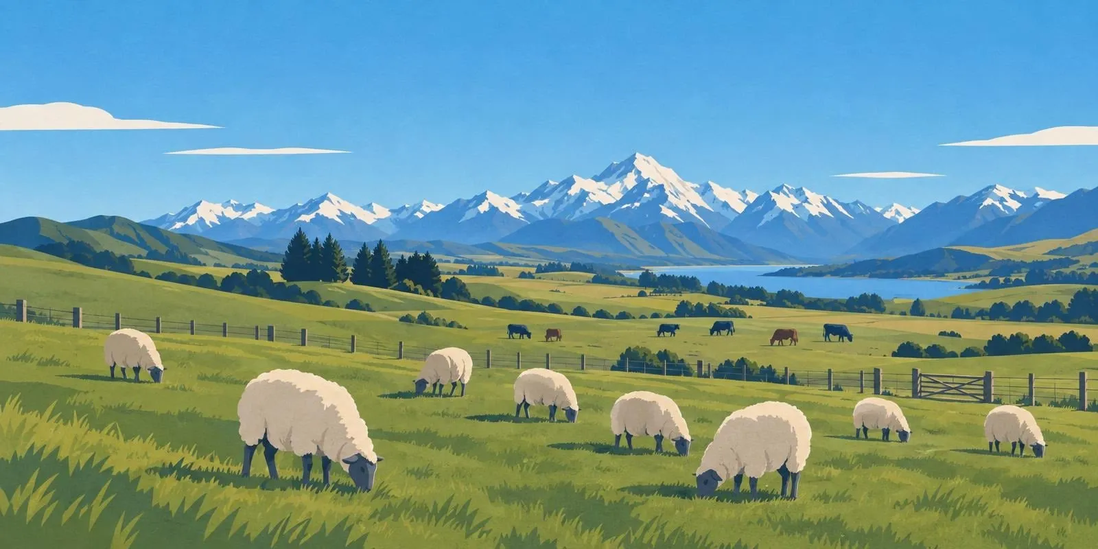 Illustration of sheep grazing on green New Zealand hill country, with cattle in a fenced paddock behind and snow-capped mountains beyond a lake